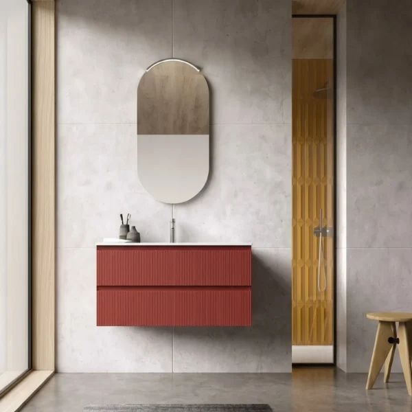 Mobile bagno cannettato 90 cm sospeso laccato rosso mattone con specchiera ovale Petalo e faretto Curvo Arcom Minimal COMP 15