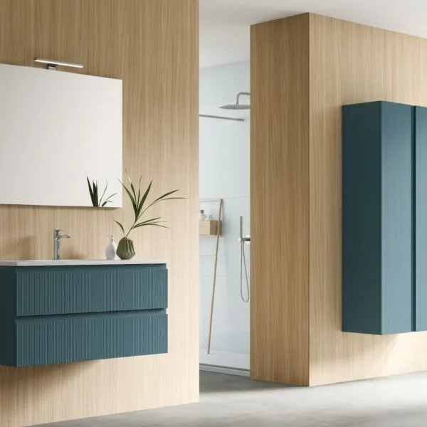 Mobile bagno cannettato 90 cm sospeso maniglia J laccato blu petrolio con specchiera rettangolare e colonne coordinate Arcom Minimal COMP 16