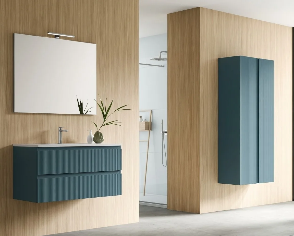 Mobile Bagno Cannettato 90 cm Sospeso Maniglia J con Specchiera Rettangolare Arcom Minimal | COMP 16 1 Mobile bagno cannettato 90 cm sospeso maniglia J laccato blu petrolio con specchiera rettangolare e colonne coordinate Arcom Minimal COMP 16