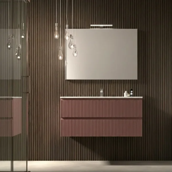 Mobile bagno sospeso Arcom Minimal cannettato rosso mattone 100 cm con specchiera Minimal e lavabo integrato