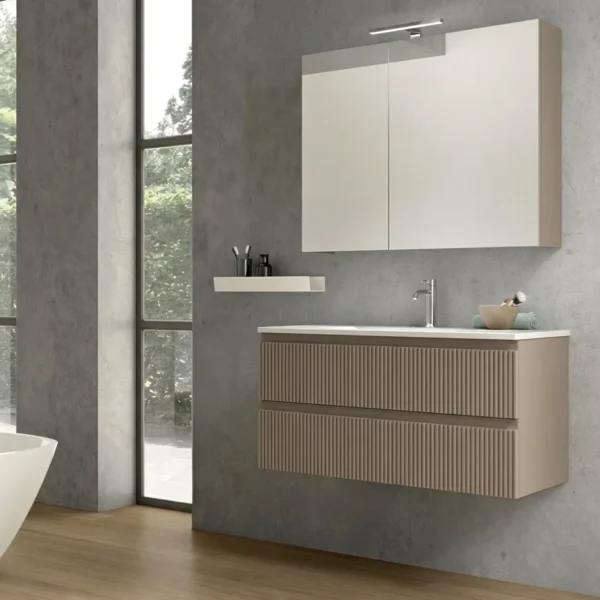 Mobile bagno sospeso Arcom Minimal cannettato tortora 100 cm con specchiera contenitore e lavabo integrato