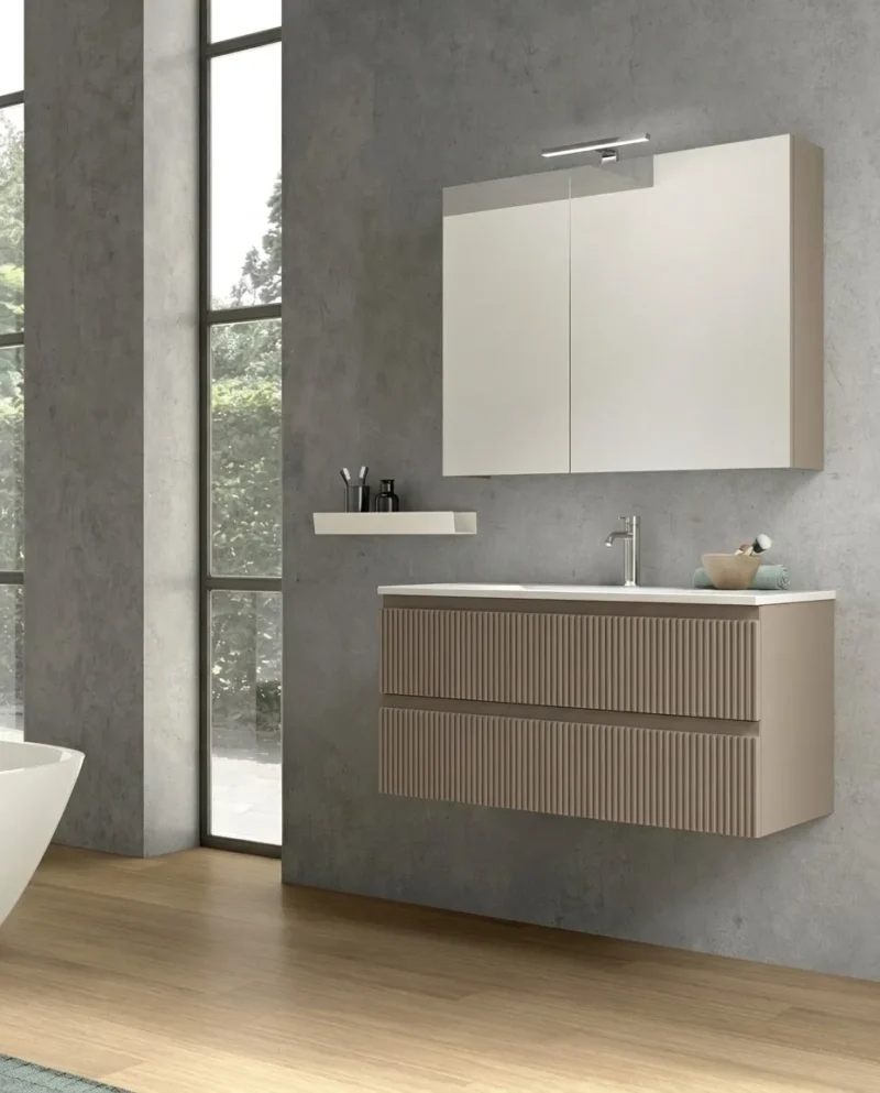 Mobile bagno sospeso Arcom Minimal cannettato tortora 100 cm con specchiera contenitore e lavabo integrato