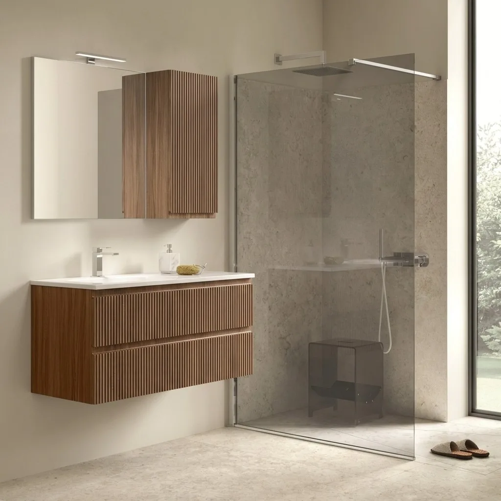 Mobile Bagno Cannettato 100 cm Sospeso Maniglia J con Pensile 35 cm Arcom Minimal | COMP 20 1 Mobile bagno sospeso Arcom Minimal cannettato noce 100 cm con pensile 35 cm e specchiera Minimal