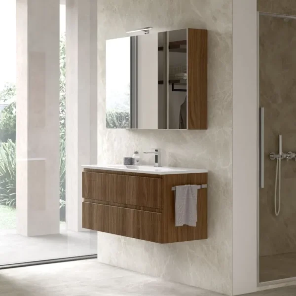 Mobile bagno sospeso Arcom Minimal cannettato noce 100 cm con specchiera contenitore e lavabo integrato