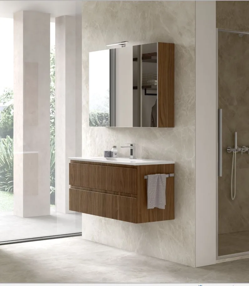 Mobile Bagno Cannettato 100 cm Sospeso Maniglia Gola con Specchiera Contenitore Arcom Minimal | COMP 21 1 Mobile bagno sospeso Arcom Minimal cannettato noce 100 cm con specchiera contenitore e lavabo integrato