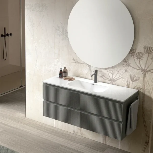 Mobile bagno sospeso Arcom Minimal cannettato grigio 120 cm con specchio tondo Ruota e lavabo integrato
