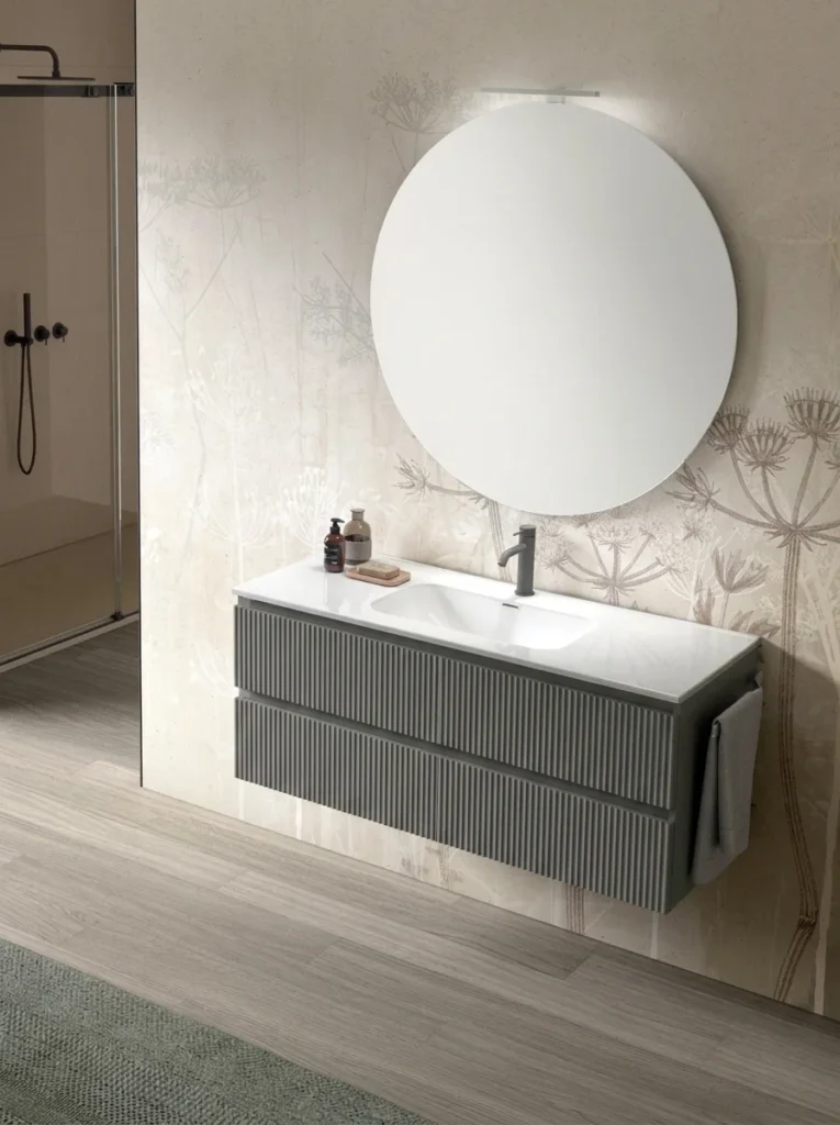 Mobile bagno sospeso Arcom Minimal cannettato grigio 120 cm con specchio tondo Ruota e lavabo integrato