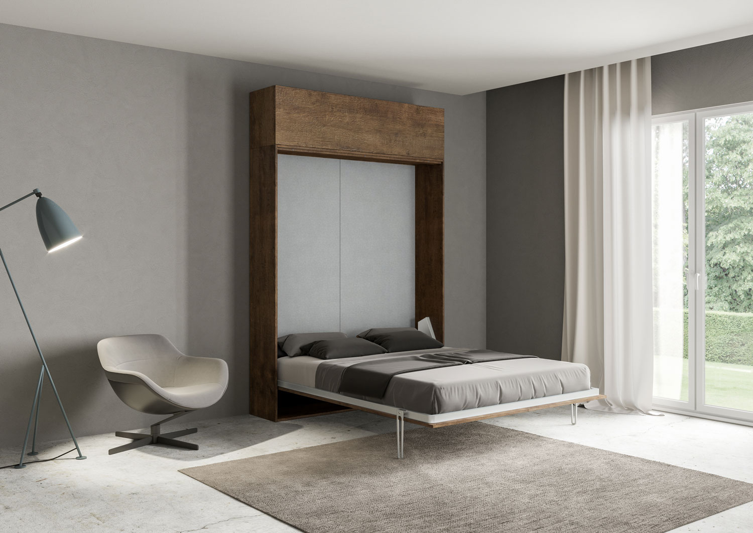 Letto matrimoniale francese a scomparsa 140 Kentaro con pensile noce L.153,6 P.39,2 H.250,5 cm (aperto P.215 cm) 2 Letto matrimoniale a scomparsa 160 Kentaro con pensile noce