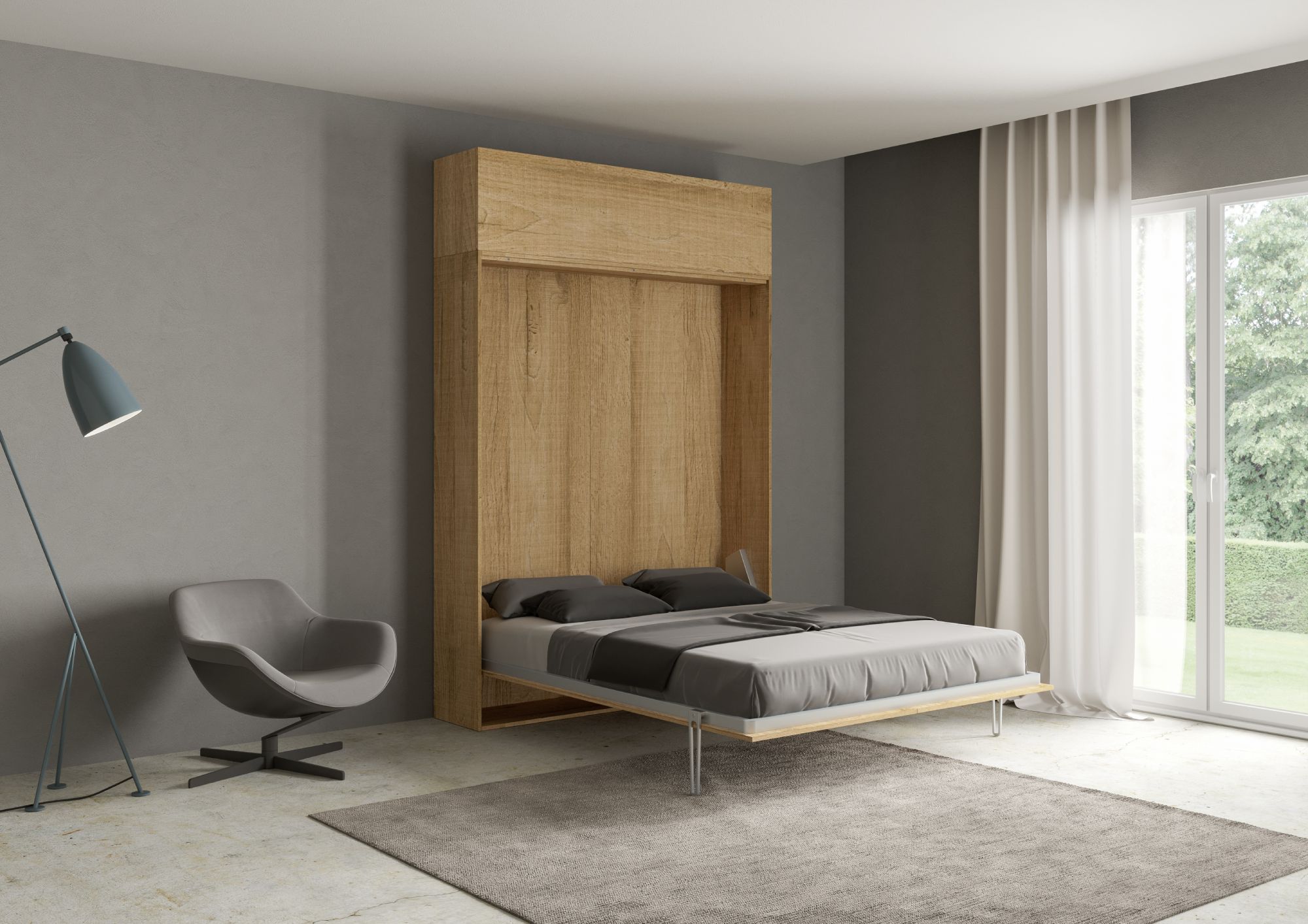 Letto matrimoniale a scomparsa 160 Kentaro con pensile quercia natura L.173,6 P.39,2 H.250,5 cm (aperto P.215 cm) 2 Letto matrimoniale a scomparsa 160 Kentaro con pensile quercia natura