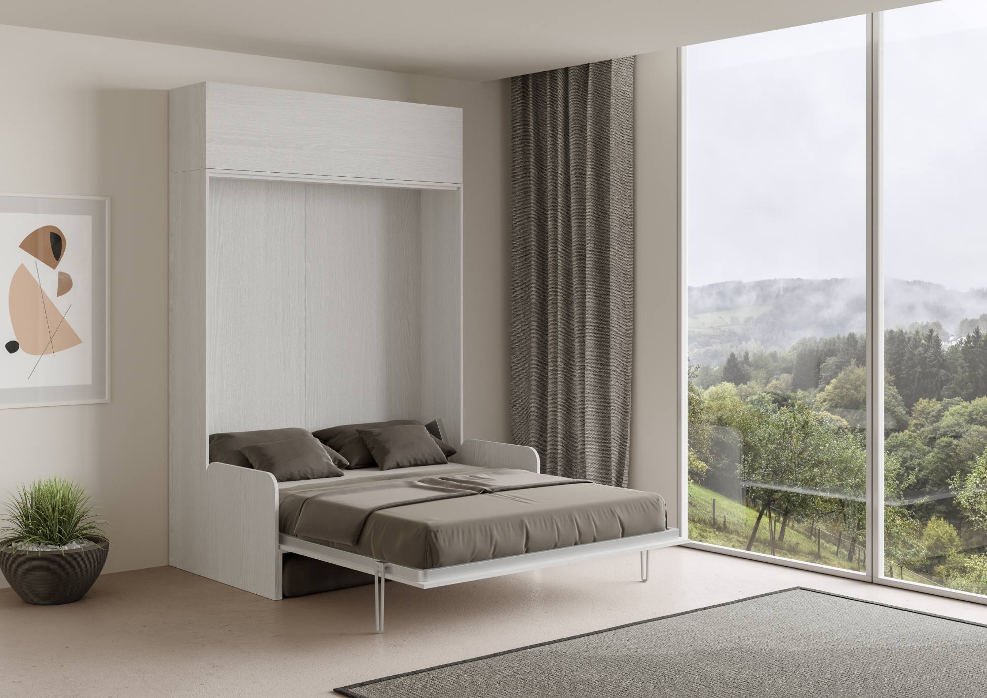Letto matrimoniale a scomparsa 160 Kentaro con divano e pensile bianco frassino, grigio L.173,6 P.105,2 H.250,5 cm (aperto P.215 cm) 2 Letto matrimoniale a scomparsa 160 Kentaro con divano e pensile bianco frassino, grigio