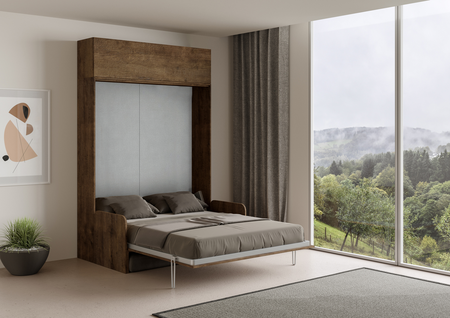 Letto matrimoniale a scomparsa 160 Kentaro con divano e pensile noce, grigio L.173,6 P.105,2 H.250,5 cm (aperto P.215 cm) 2 Letto matrimoniale a scomparsa 160 Kentaro con divano e pensile noce, grigio