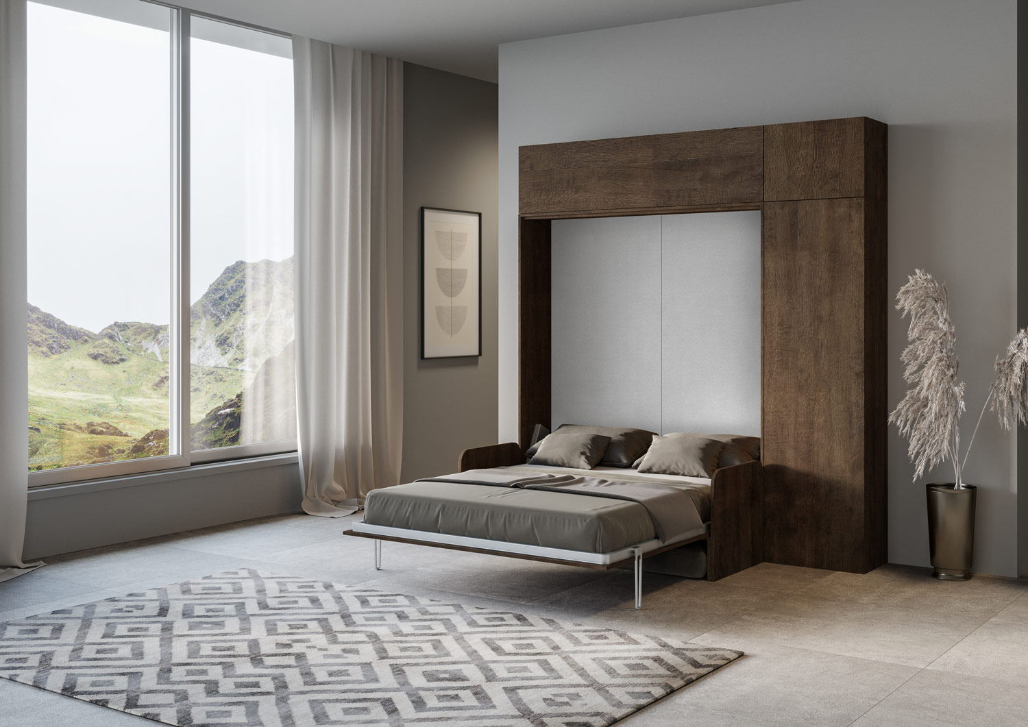 Letto matrimoniale a scomparsa 160 Kentaro con divano e mobili noce, grigio L.233,6 P.105,2 H.250,5 cm (aperto P.215 cm) 2 Letto matrimoniale a scomparsa 160 Kentaro con divano e mobili noce, grigio