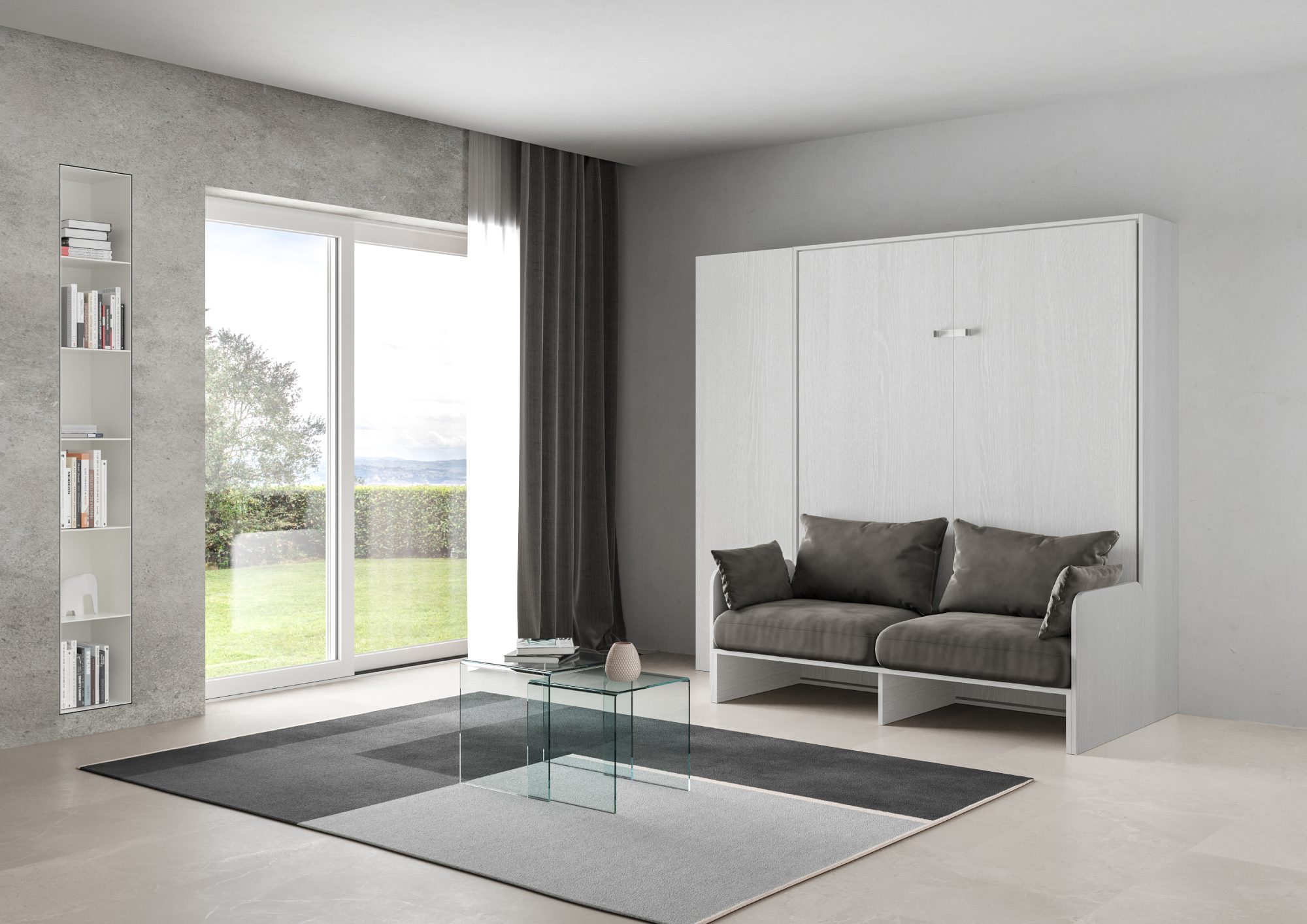 Letto matrimoniale a scomparsa 160 Kentaro con divano e colonna bianco frassino, grigio L.233,6 P.105,2 H.210,5 cm (aperto P.215 cm) 1 Letto matrimoniale a scomparsa 160 Kentaro con divano e colonna bianco frassino, grigio