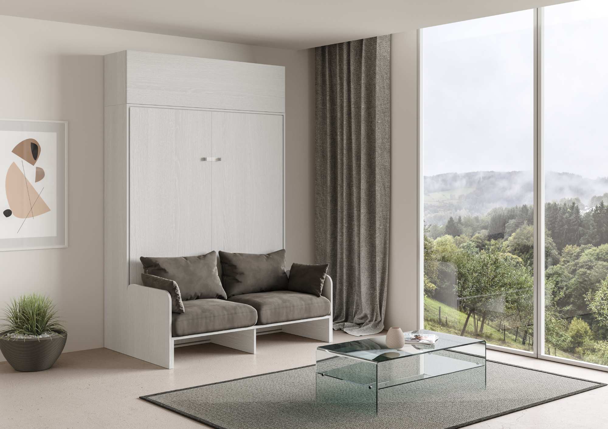 Letto matrimoniale a scomparsa 160 Kentaro con divano e pensile bianco frassino, grigio L.173,6 P.105,2 H.250,5 cm (aperto P.215 cm) 1 Letto matrimoniale a scomparsa 160 Kentaro con divano e pensile bianco frassino, grigio