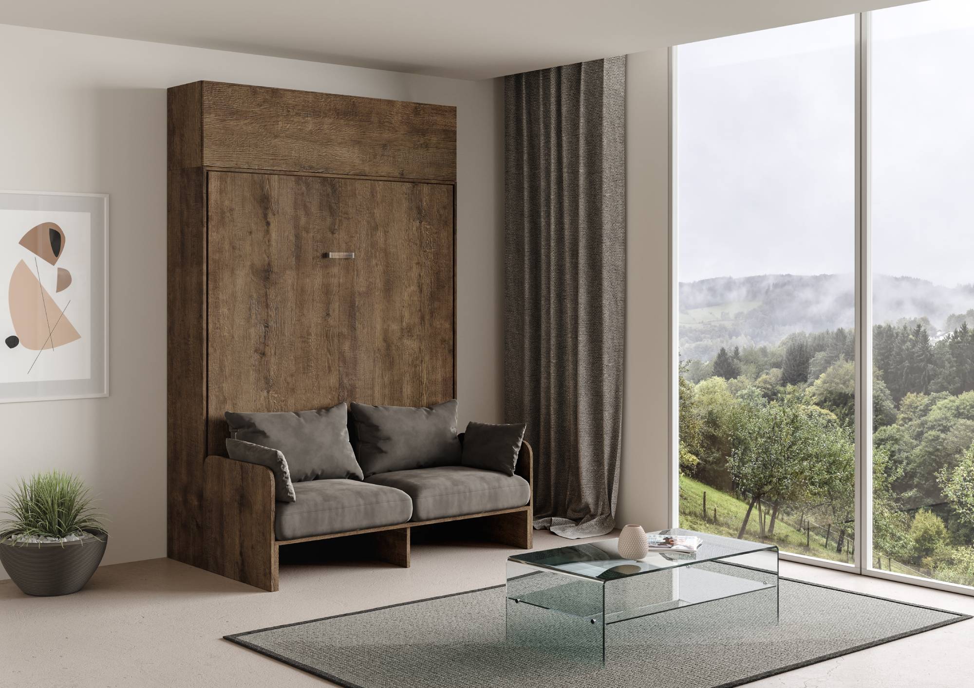 Letto matrimoniale a scomparsa 160 Kentaro con divano e pensile noce, grigio L.173,6 P.105,2 H.250,5 cm (aperto P.215 cm) 1 Letto matrimoniale a scomparsa 160 Kentaro con divano e pensile noce, grigio