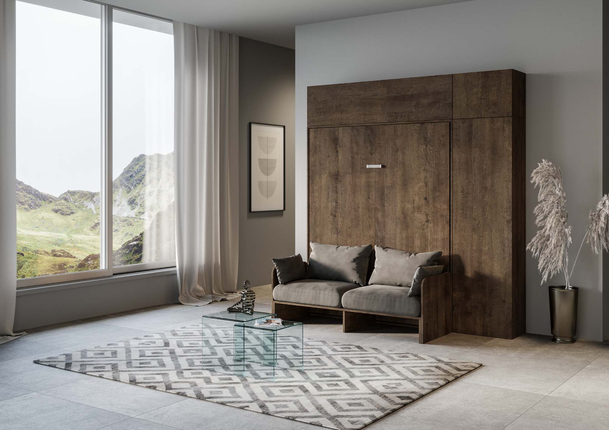 Letto matrimoniale a scomparsa 160 Kentaro con divano e mobili noce, grigio L.233,6 P.105,2 H.250,5 cm (aperto P.215 cm) 1 Letto matrimoniale a scomparsa 160 Kentaro con divano e mobili noce, grigio
