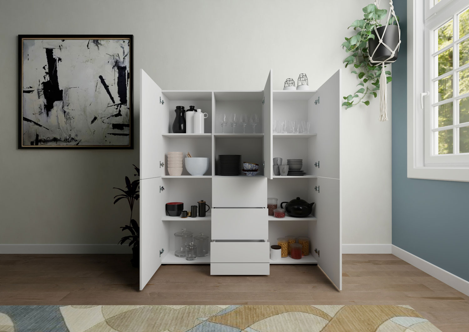 Credenza alta moderna 5 ante/3 cassetti 150x35x165 cm Elios bianco lucido 2 Credenza alta moderna 5 ante/3 cassetti 150x35x165 cm Elios bianco lucido