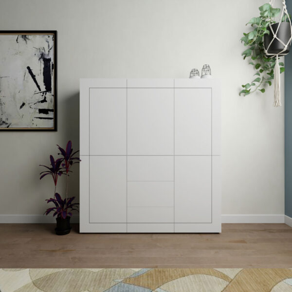 Credenza alta moderna 5 ante/3 cassetti 150x35x165 cm Elios bianco lucido