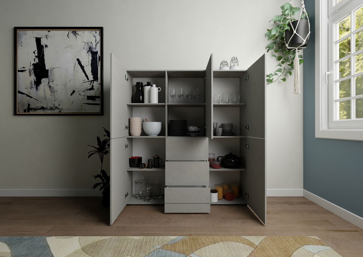 Credenza alta moderna 5 ante/3 cassetti 150x35x165 cm Elios cashmere 2 Credenza alta moderna 5 ante/3 cassetti 150x35x165 cm Elios cashmere