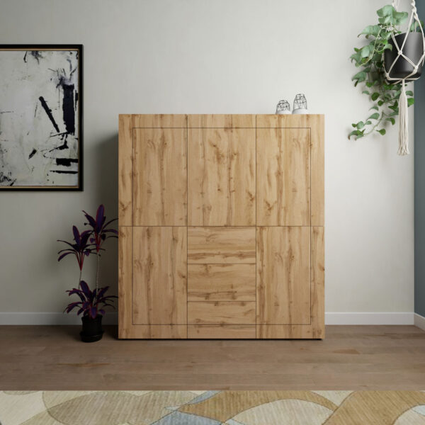 Credenza alta moderna 5 ante/3 cassetti 150x35x165 cm Elios quercia natura