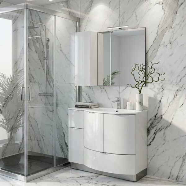 Mobile bagno curvo Compab CN9 96 cm bianco lucido laccato con specchio contenitore e box doccia