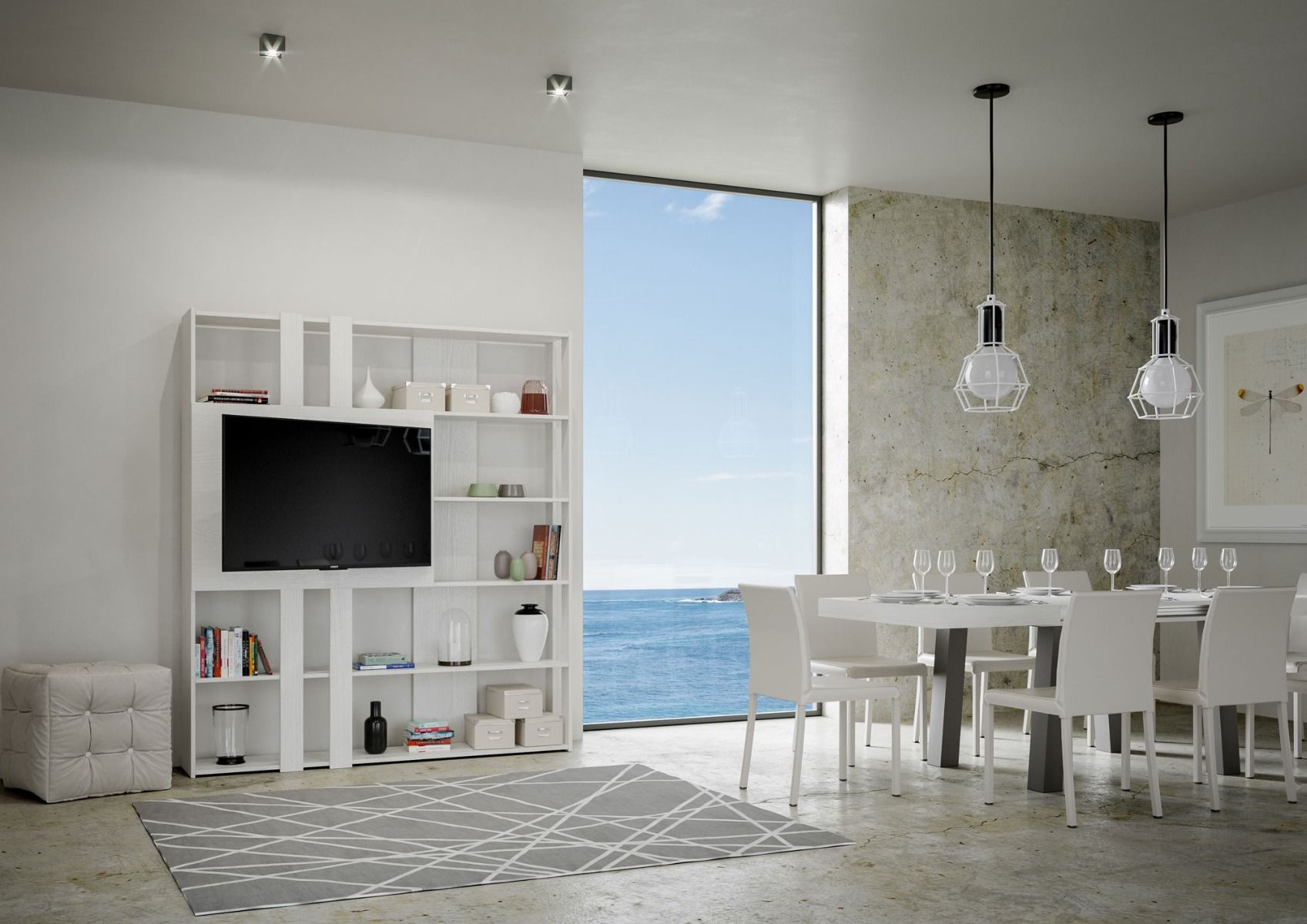 Libreria a giorno Kato L con pannello porta TV bianco frassino L.178 P.36 H.204 cm 3 Libreria a giorno Kato L con pannello porta TV bianco frassino