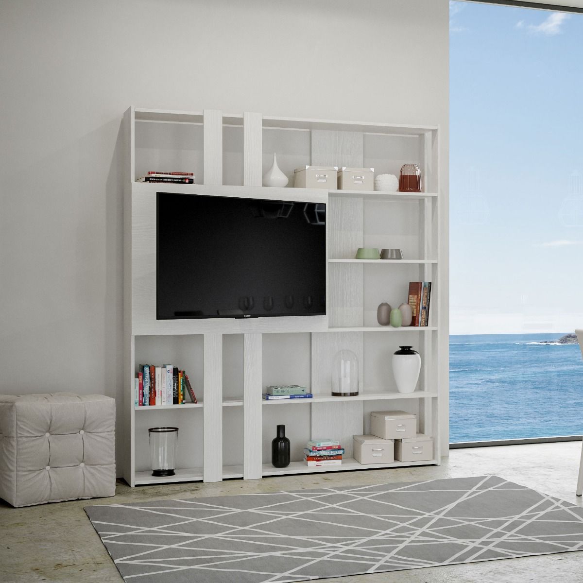 Libreria a giorno Kato L con pannello porta TV bianco frassino L.178 P.36 H.204 cm 1 Libreria a giorno Kato L con pannello porta TV bianco frassino