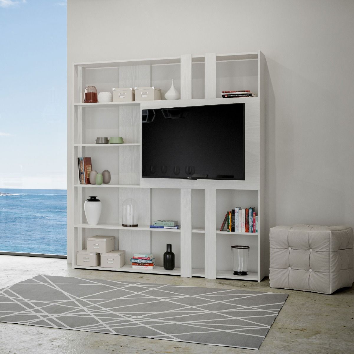 Libreria a giorno Kato L con pannello porta TV bianco frassino L.178 P.36 H.204 cm 2 Libreria a giorno Kato L con pannello porta TV bianco frassino