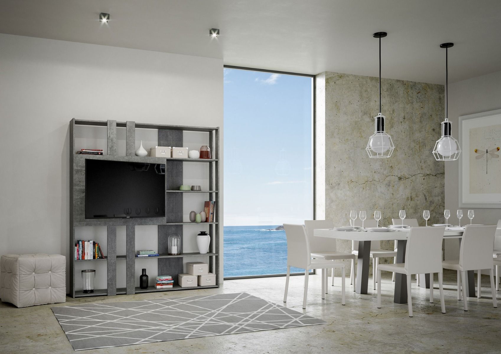 Libreria a giorno Kato L con pannello porta TV cemento L.178 P.36 H.204 cm 3 Libreria a giorno Kato L con pannello porta TV cemento