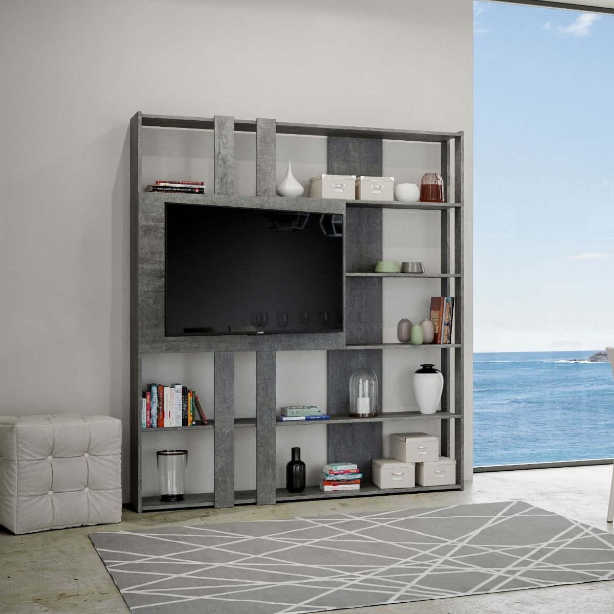 Libreria a giorno Kato L con pannello porta TV cemento L.178 P.36 H.204 cm 2 Libreria a giorno Kato L con pannello porta TV cemento