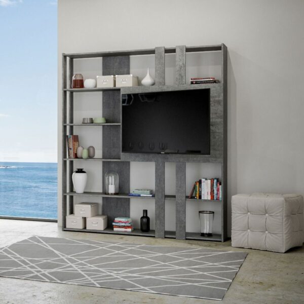 Libreria a giorno Kato L con pannello porta TV cemento