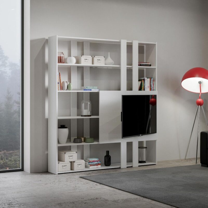 Libreria a giorno Kato H con pannello porta TV bianco frassino