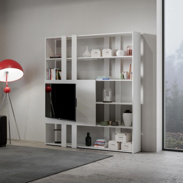 Libreria a giorno Kato H con pannello porta TV bianco frassino
