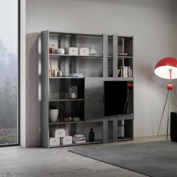 Libreria a giorno Kato H con pannello porta TV cemento