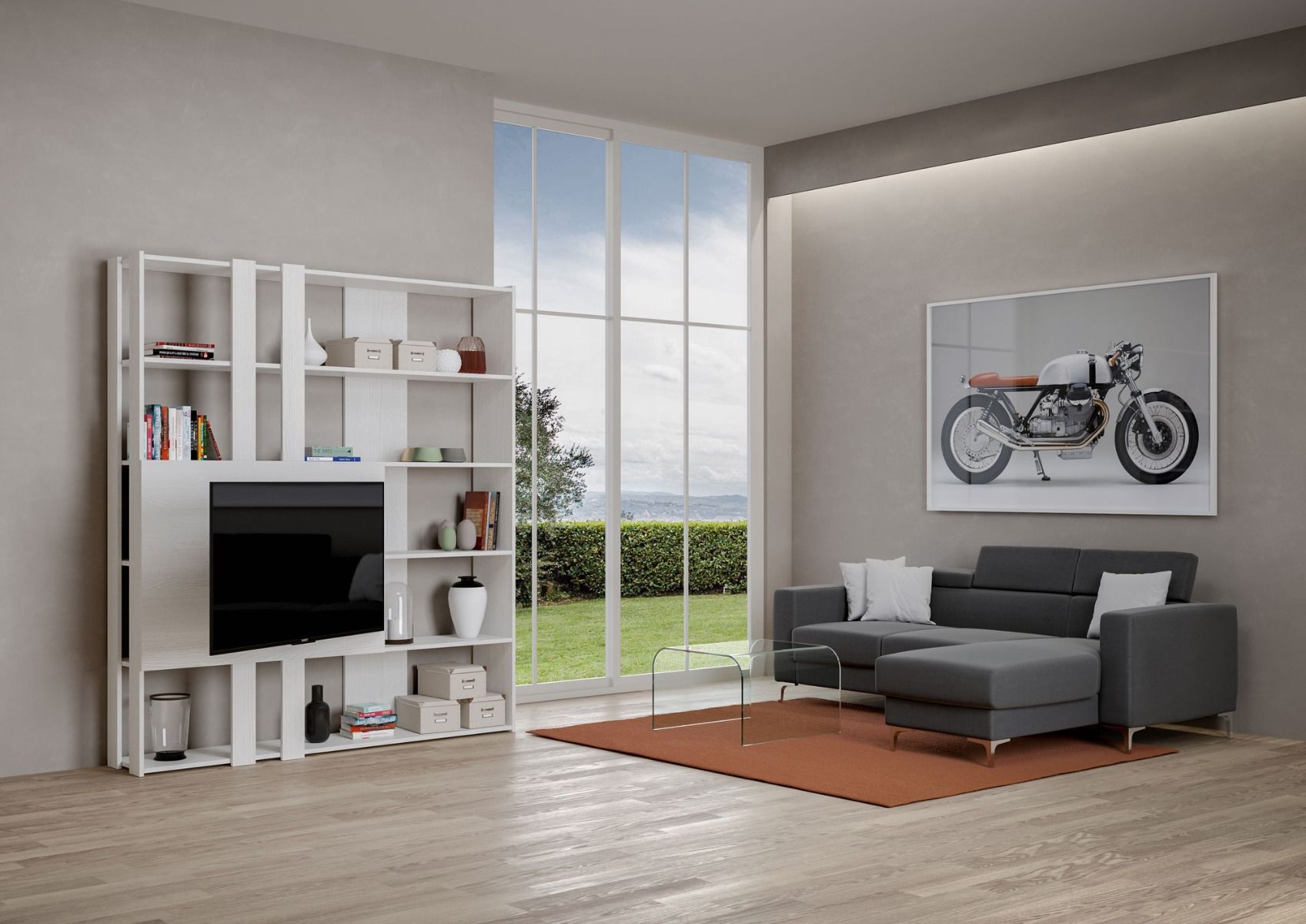 Libreria a giorno Kato M con pannello porta TV bianco frassino L.178 P.36 H.204 cm 3 Libreria a giorno Kato M con pannello porta TV bianco frassino