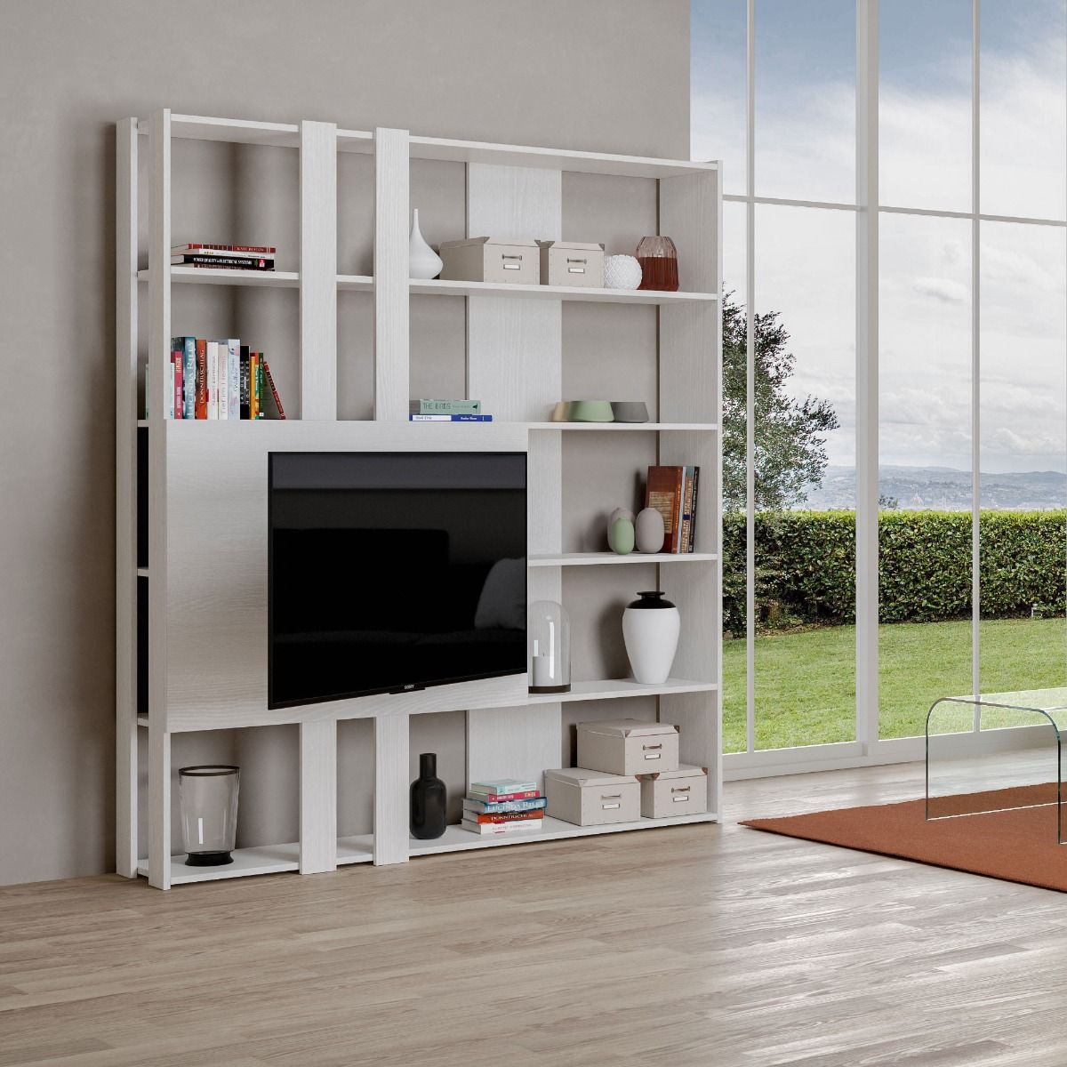 Libreria a giorno Kato M con pannello porta TV bianco frassino L.178 P.36 H.204 cm 2 Libreria a giorno Kato M con pannello porta TV bianco frassino