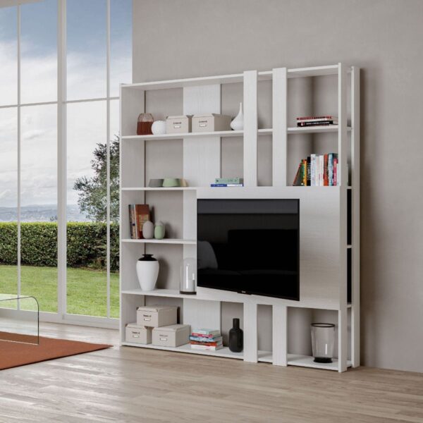 Libreria a giorno Kato M con pannello porta TV bianco frassino