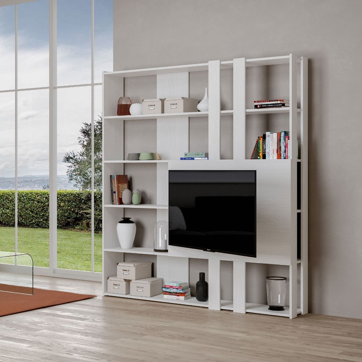 Libreria a giorno Kato M con pannello porta TV bianco frassino L.178 P.36 H.204 cm 1 Libreria a giorno Kato M con pannello porta TV bianco frassino