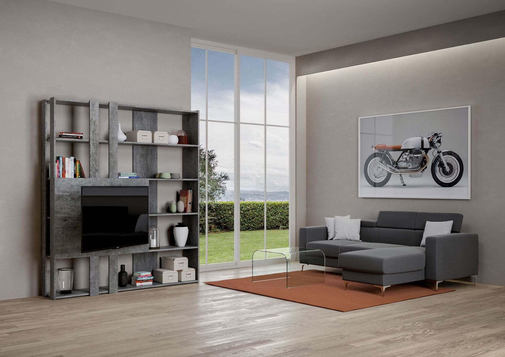Libreria a giorno Kato M con pannello porta TV cemento L.178 P.36 H.204 cm 3 Libreria a giorno Kato M con pannello porta TV cemento