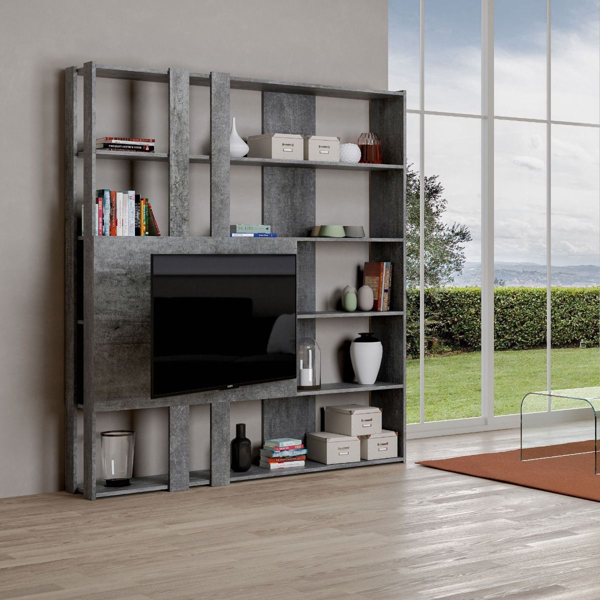 Libreria a giorno Kato M con pannello porta TV cemento L.178 P.36 H.204 cm 2 Libreria a giorno Kato M con pannello porta TV cemento