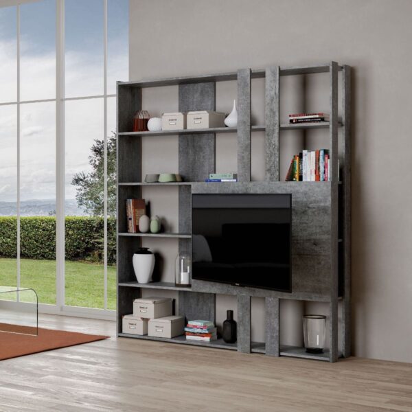 Libreria a giorno Kato M con pannello porta TV cemento