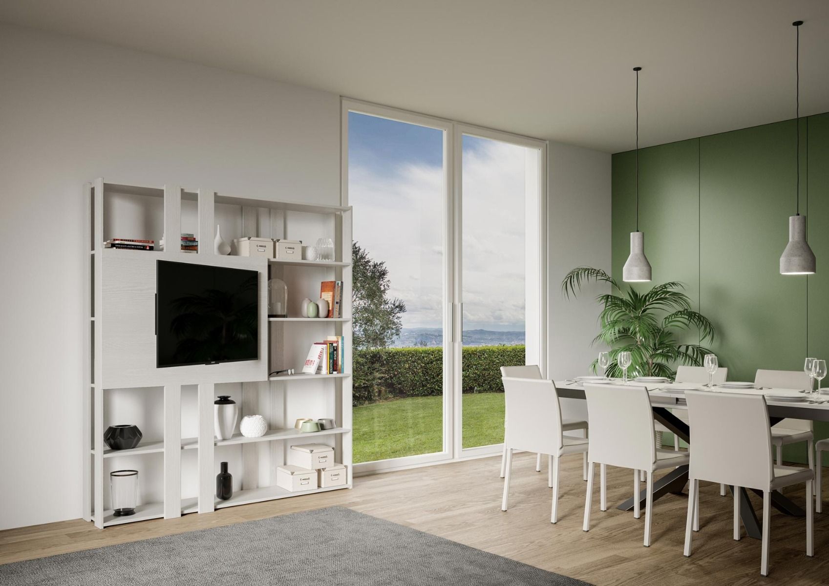 Libreria a giorno Kato N con pannello porta TV bianco frassino L.178 P.36 H.204 cm 3 Libreria a giorno Kato N con pannello porta TV bianco frassino