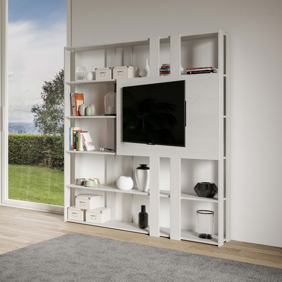 Libreria a giorno Kato N con pannello porta TV bianco frassino L.178 P.36 H.204 cm 2 Libreria a giorno Kato N con pannello porta TV bianco frassino