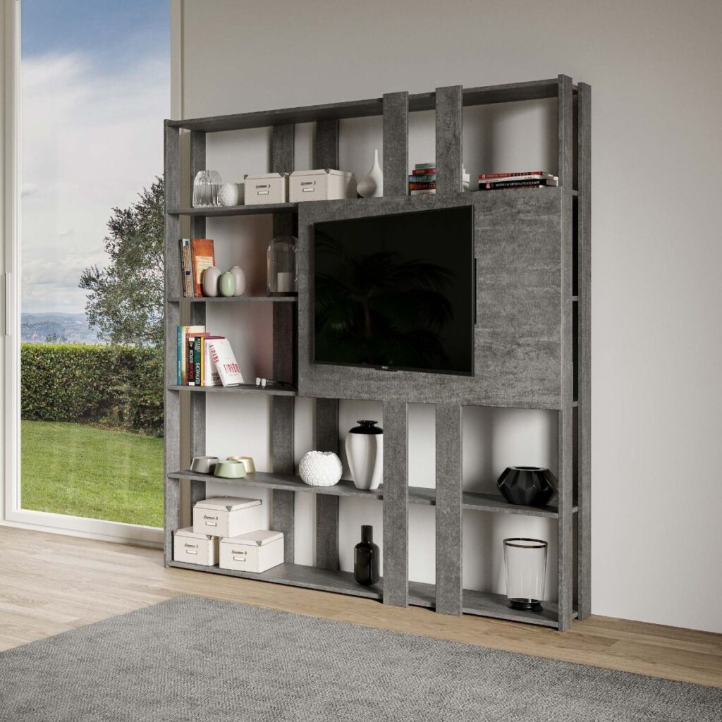 Libreria a giorno Kato N con pannello porta TV cemento