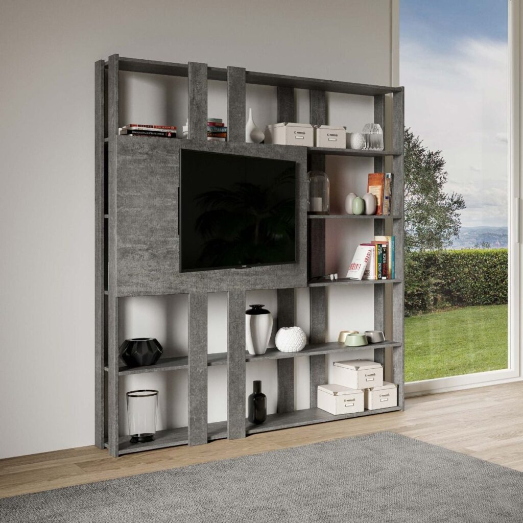 Libreria a giorno Kato N con pannello porta TV cemento