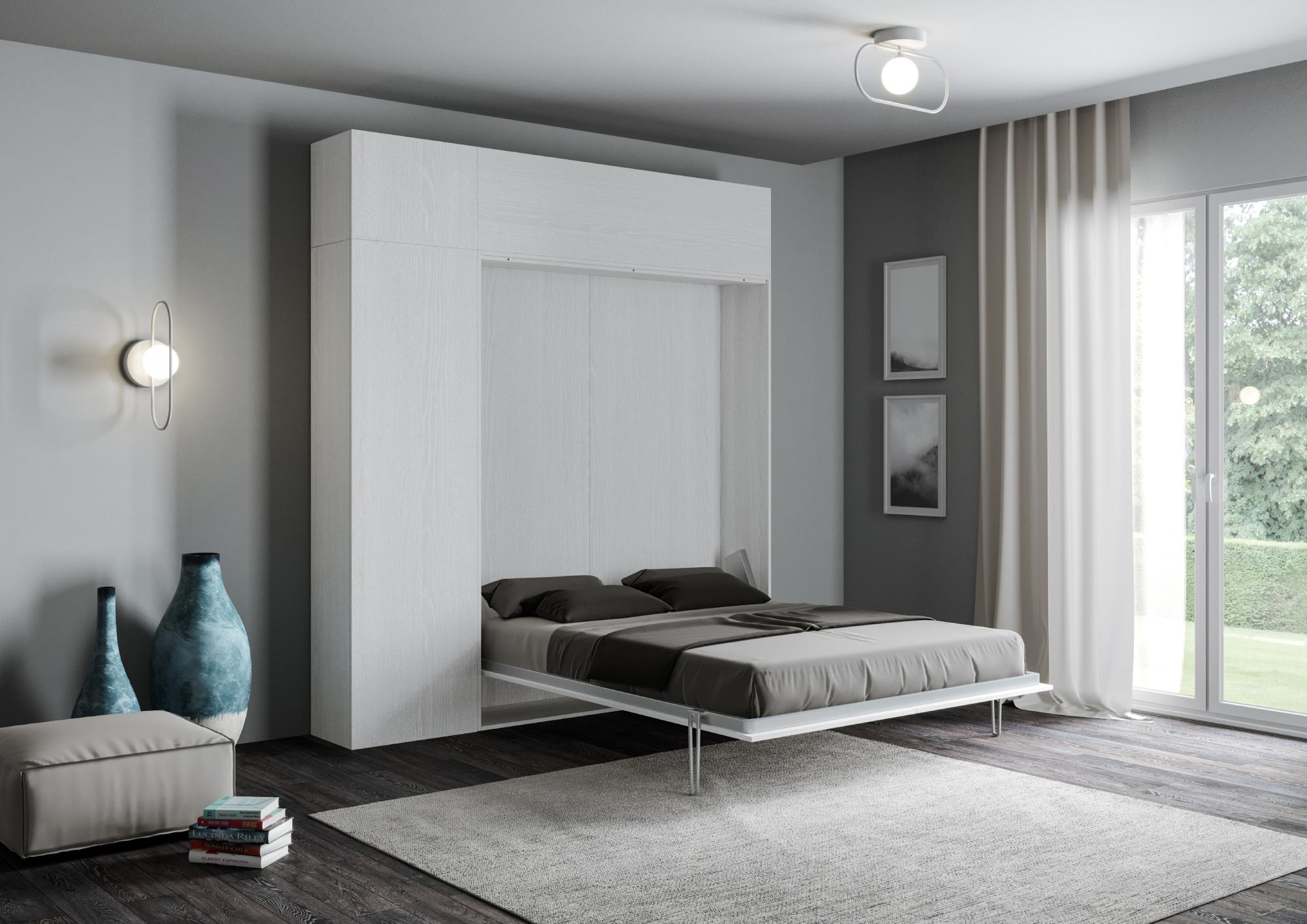Letto matrimoniale a scomparsa 160 Kentaro con mobili bianco frassino L.233,6 P.39,2 H.250,5 cm (aperto P.215 cm) 2 Letto matrimoniale a scomparsa 160 Kentaro con mobili bianco frassino