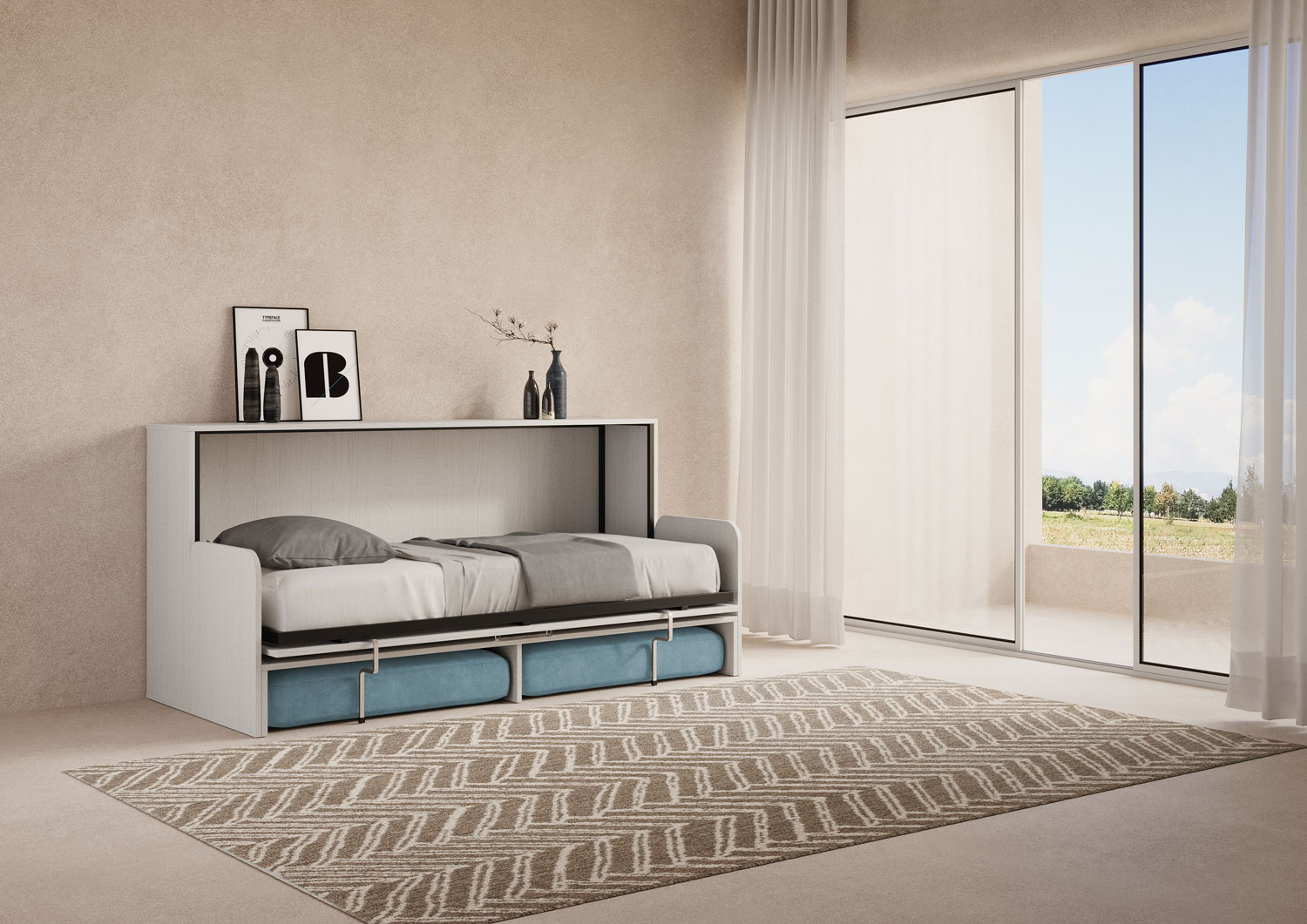 Letto singolo a scomparsa Kando con divano bianco frassino, azzurro L.199,9 P.103,2 H.97,4 cm (aperto P.106 cm) 2 Letto singolo a scomparsa Kando con divano bianco frassino, azzurro