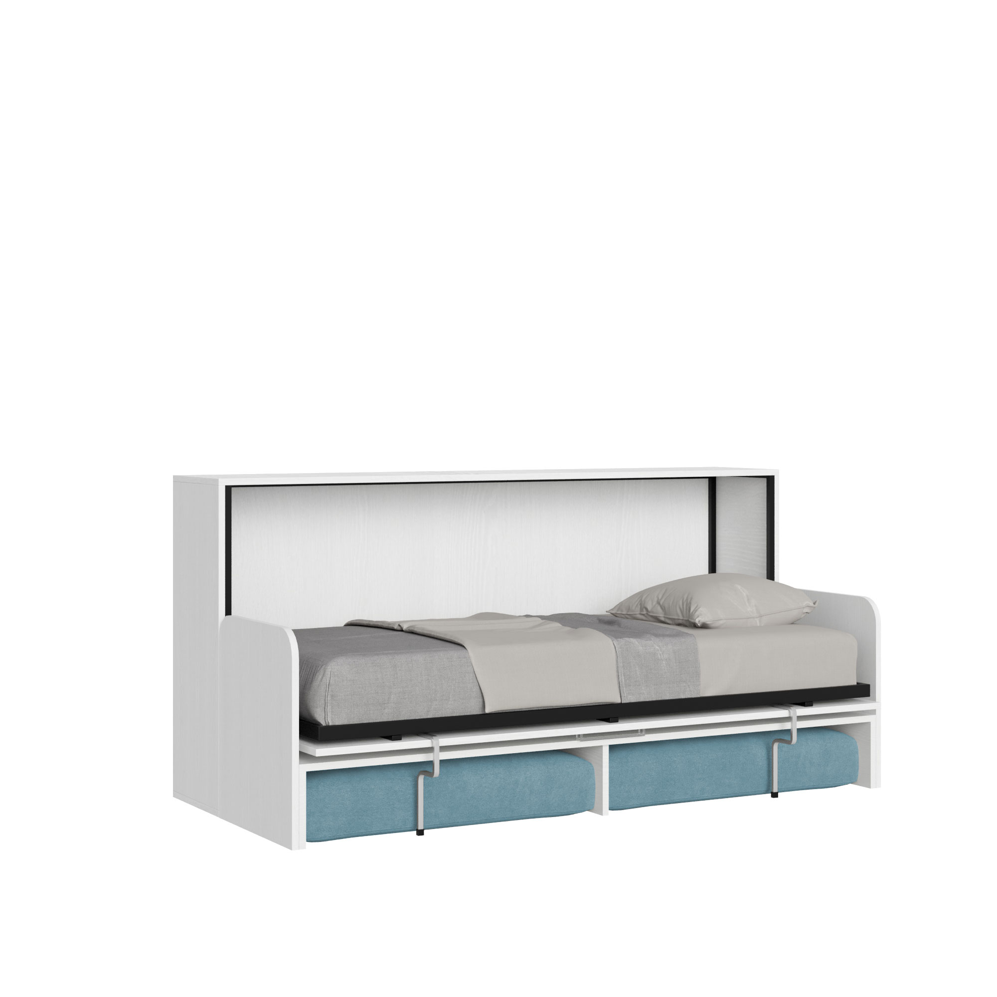 Letto singolo a scomparsa Kando con divano bianco frassino, azzurro L.199,9 P.103,2 H.97,4 cm (aperto P.106 cm) 4 Letto singolo a scomparsa Kando con divano bianco frassino, azzurro