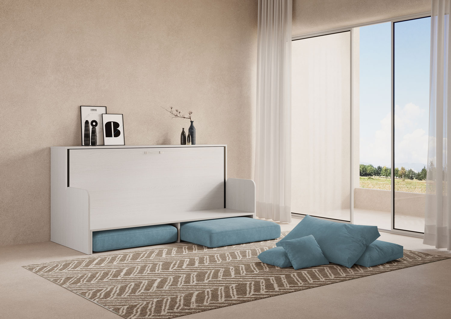 Letto singolo a scomparsa Kando con divano bianco frassino, azzurro L.199,9 P.103,2 H.97,4 cm (aperto P.106 cm) 3 Letto singolo a scomparsa Kando con divano bianco frassino, azzurro