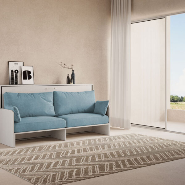 Letto singolo a scomparsa Kando con divano bianco frassino, azzurro